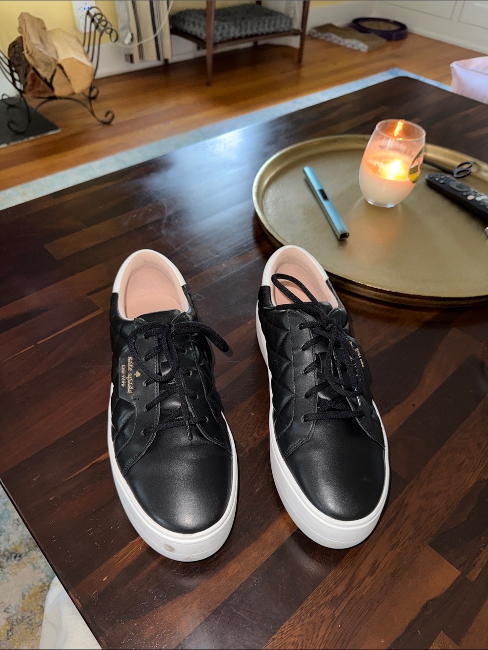 kate spade Black Leather Quilted Low-Top Sneakers with White Soles